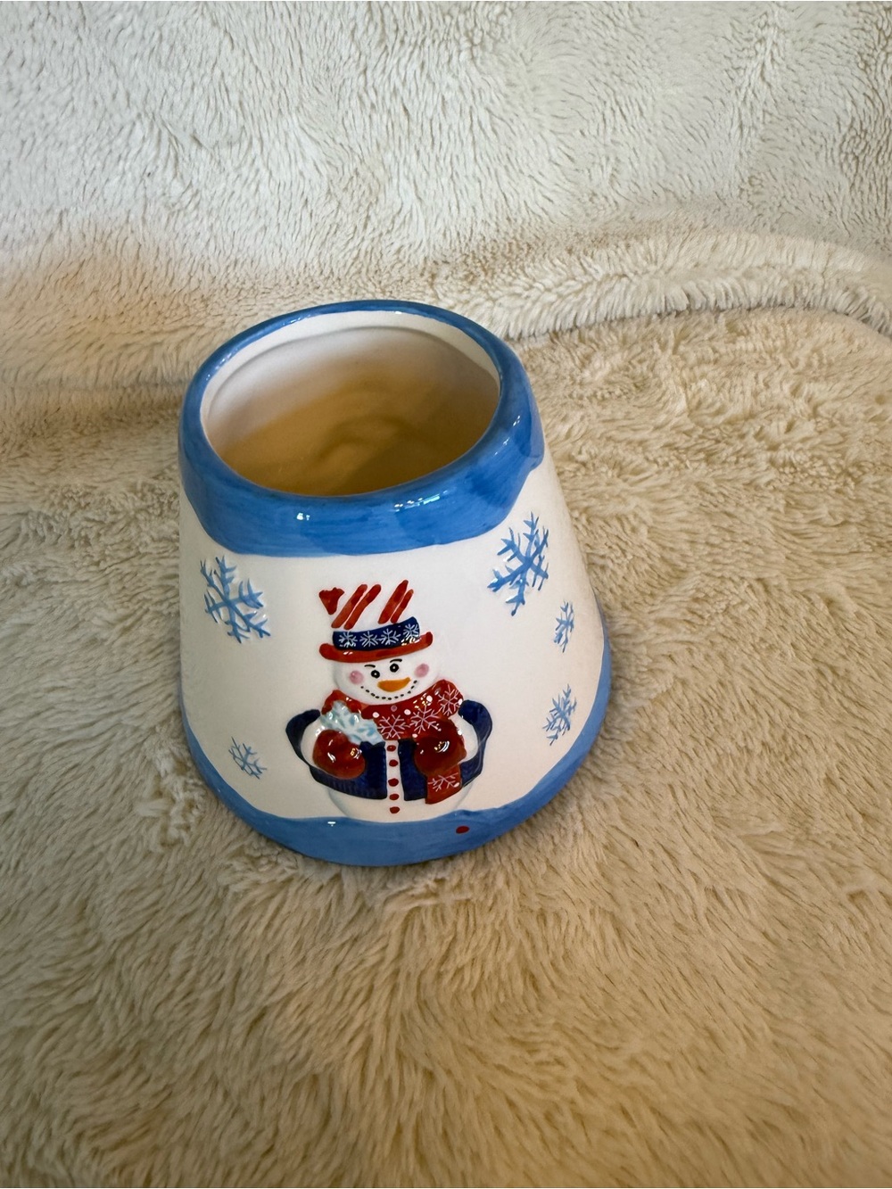 Blue and White Snowman Ceramic Holiday Candle Holder
